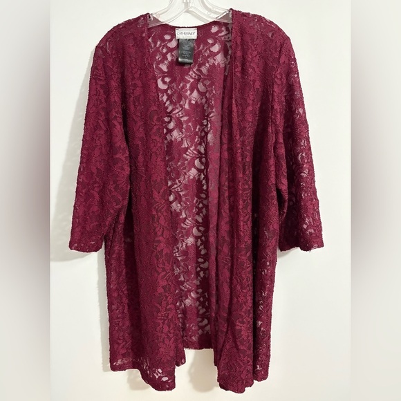 Catherines Tops - Catherines Women’s Lace Open Front Cardigan Size 22W Burgundy Floral 3/4 Sleeves